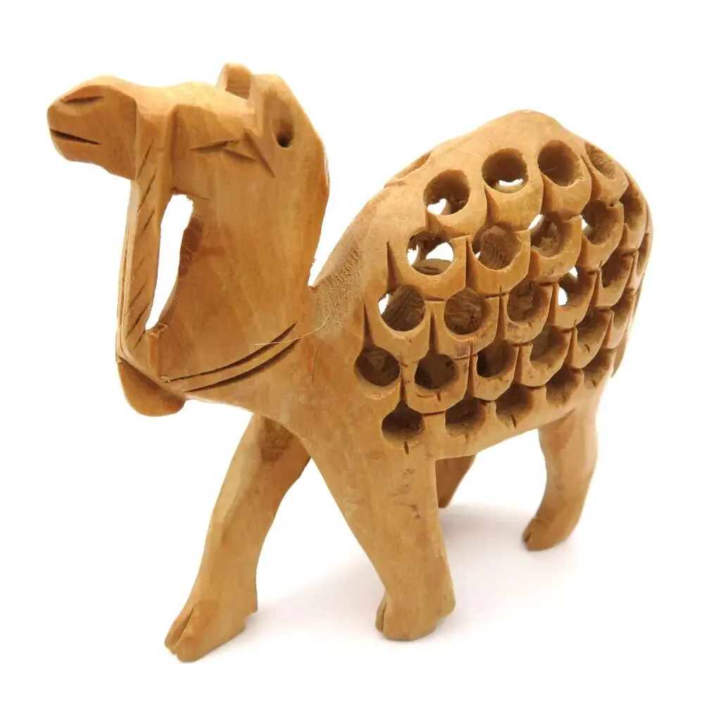 Vintage Hand Carved Wood Camel Figurine w Baby Camel Inside Pierced Carving